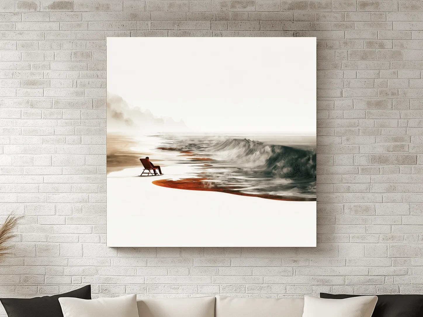 Misty Surreal Beach Chair Wave Illustration - Minimalist Coastal Wall Art