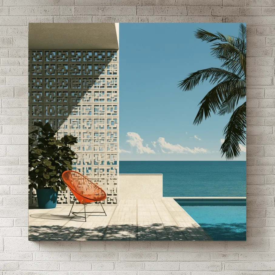 Mid Century Tropical Patio Illustration - Modern Ocean Wall Art