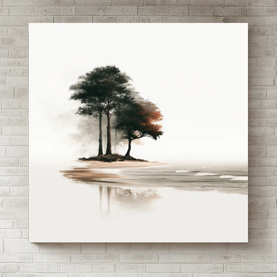 Minimalist Misty Trees Reflection - Serene Landscape Wall Art