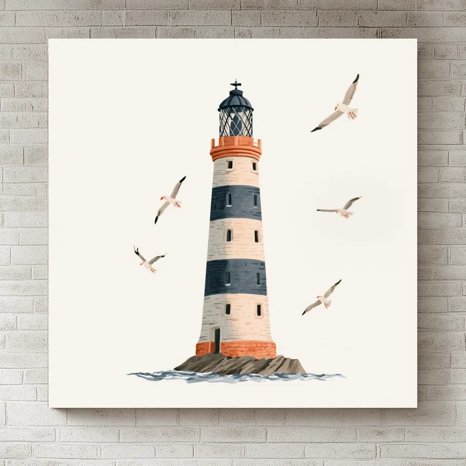 Whimsical Scandi Lighthouse Painting - Coastal Seagull Wall Art