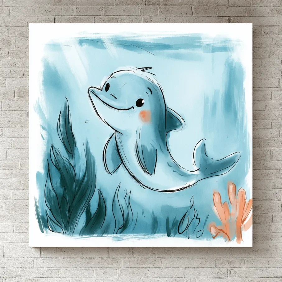 Cute Underwater Dolphin Watercolour Illustration - Nursery Marine Life Wall Art