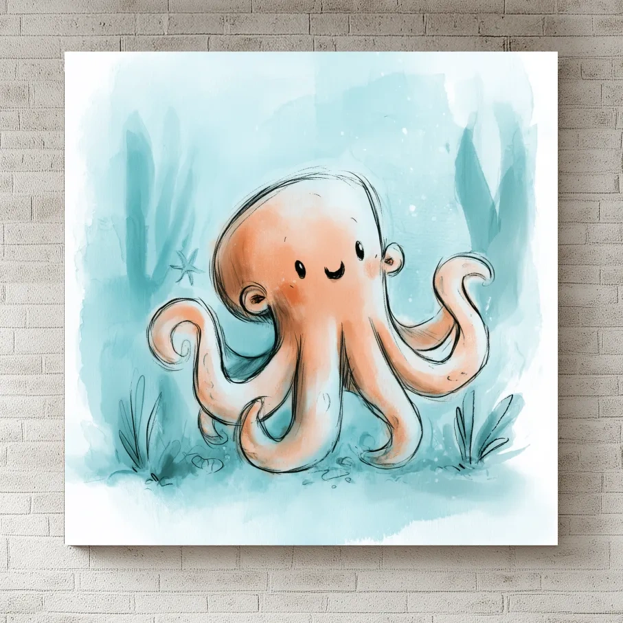 Cute Happy Octopus Underwater - Watercolour Marine Life Illustration