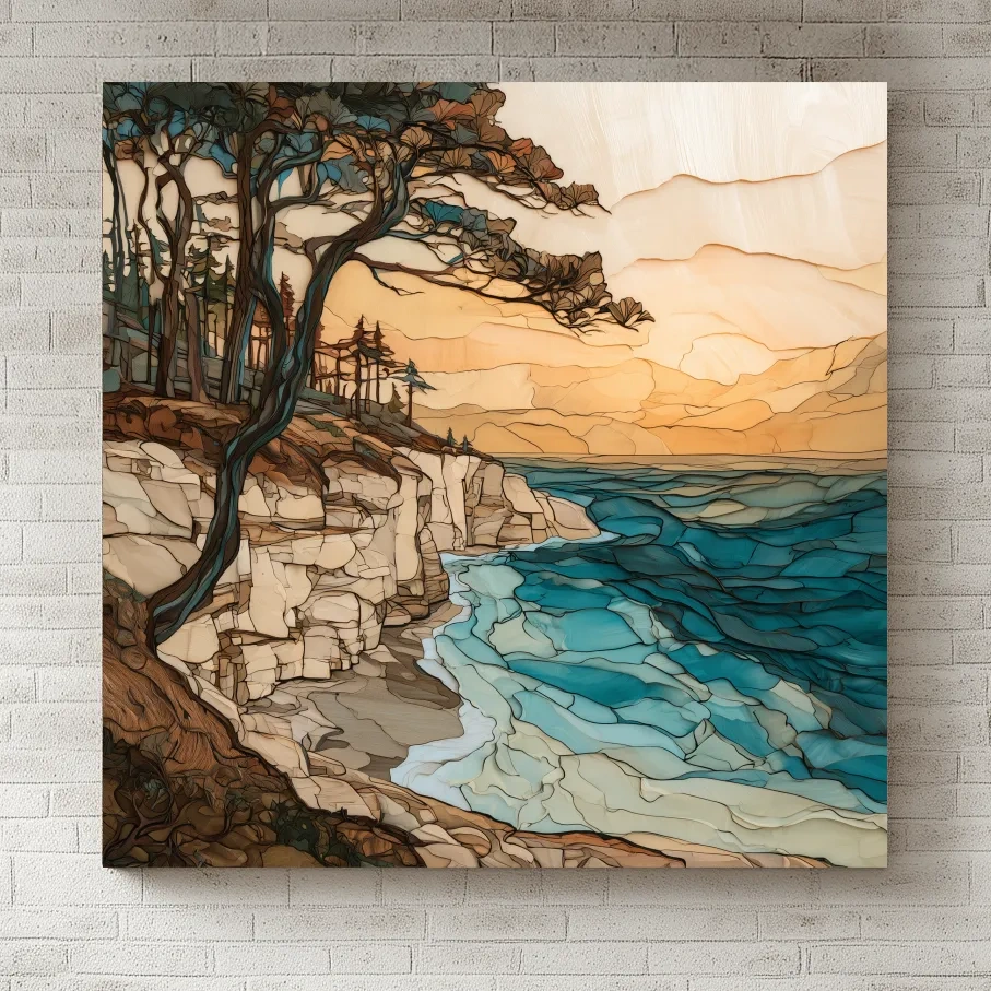 Abstract Coastal Cliffs And Windswept Trees - Ocean Illustration Wall Art