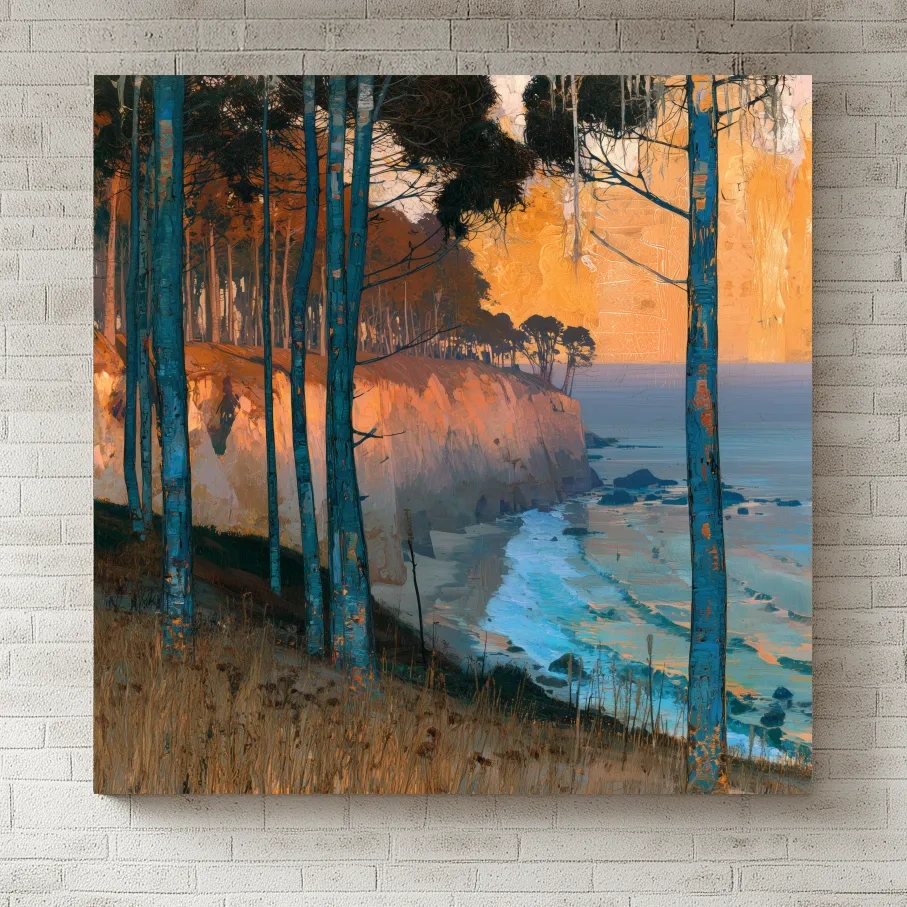 Abstract Coastal Cliffs And Pine Trees - Golden Sunset Illustration Wall Art