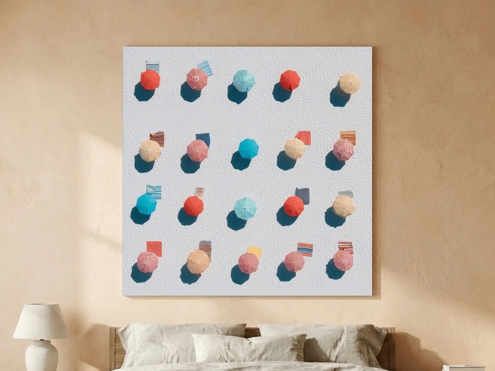Geometric Beach Umbrellas Aerial Painting - Abstract Coastal Wall Art