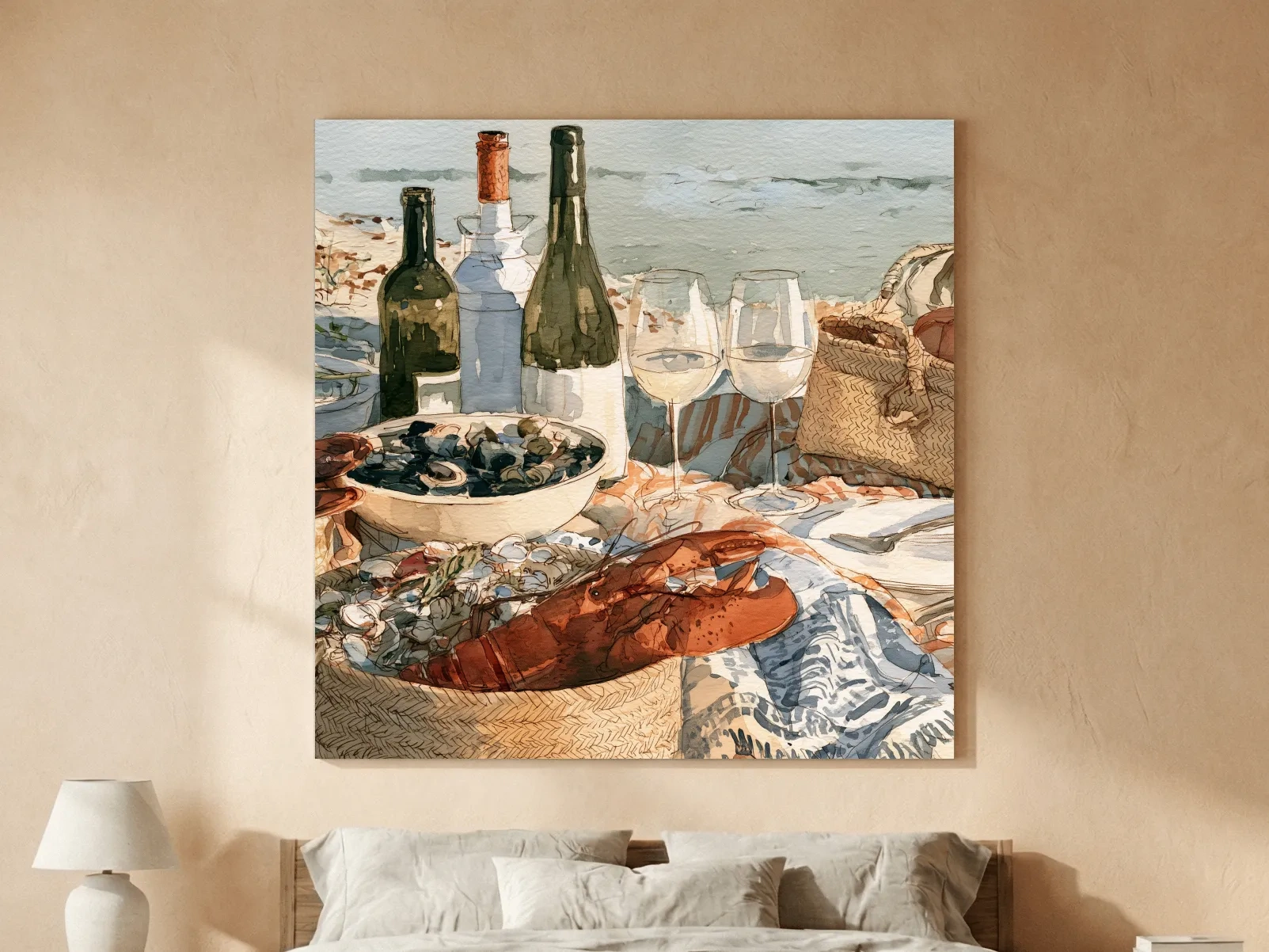 Watercolor Lobster Wine Picnic - Coastal Still Life Wall Art