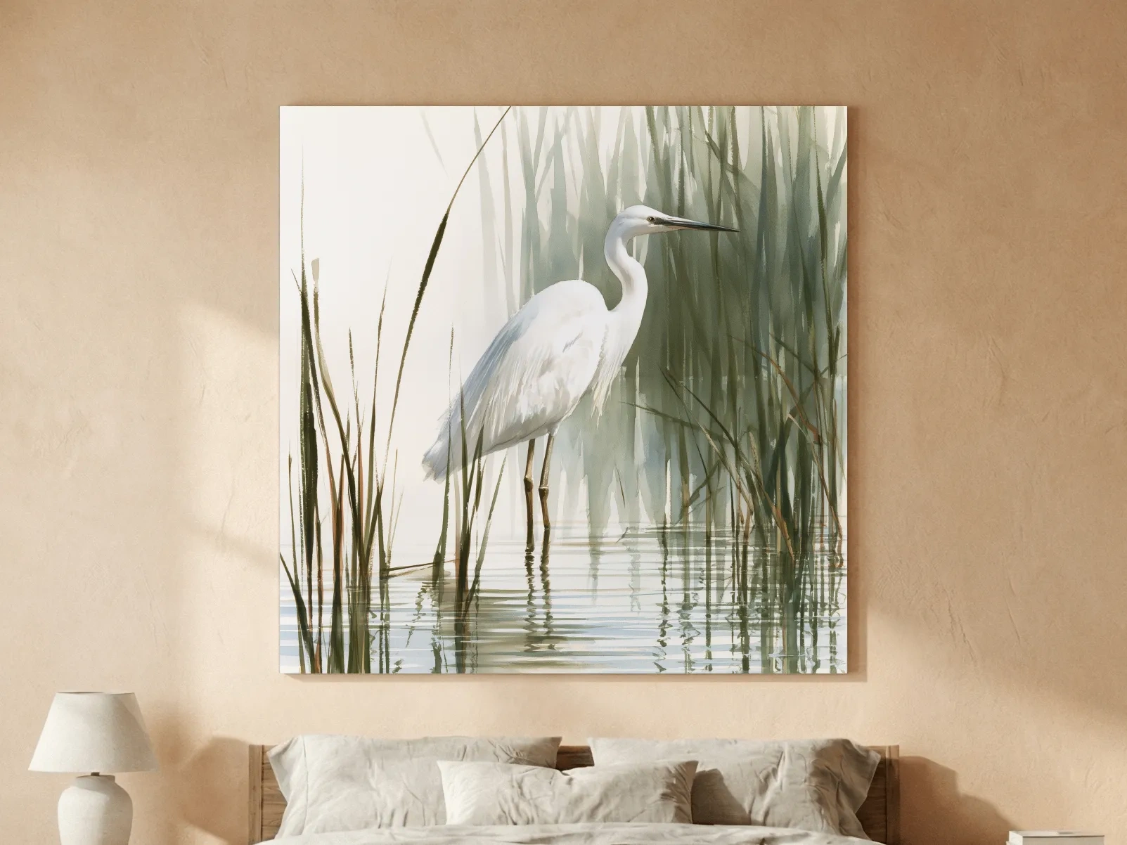Serene White Heron Watercolor - Marsh Bird Wall Art