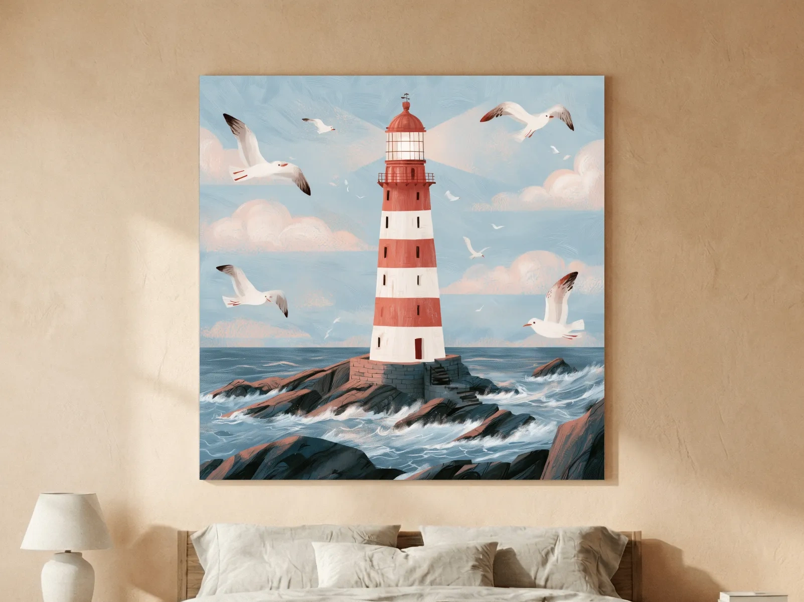 Whimsical Scandi Lighthouse Seagull Painting - Coastal Wall Art