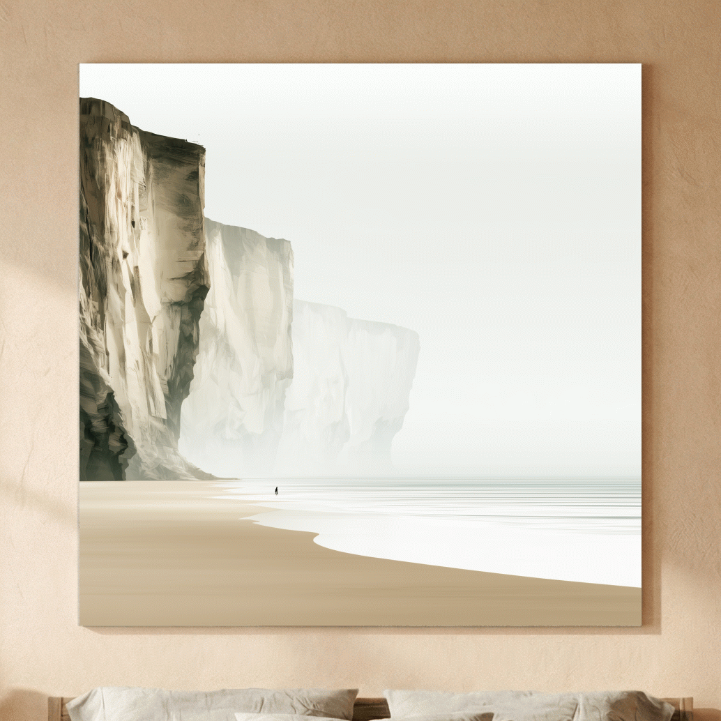 Misty Coastal Cliffs Beach Illustration - Minimalist Landscape Wall Art