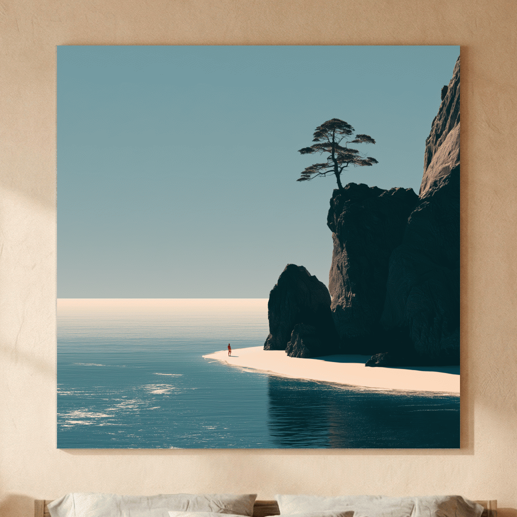 Minimalist Tropical Cliff Beach Illustration - Mid-Century Coastal Wall Art