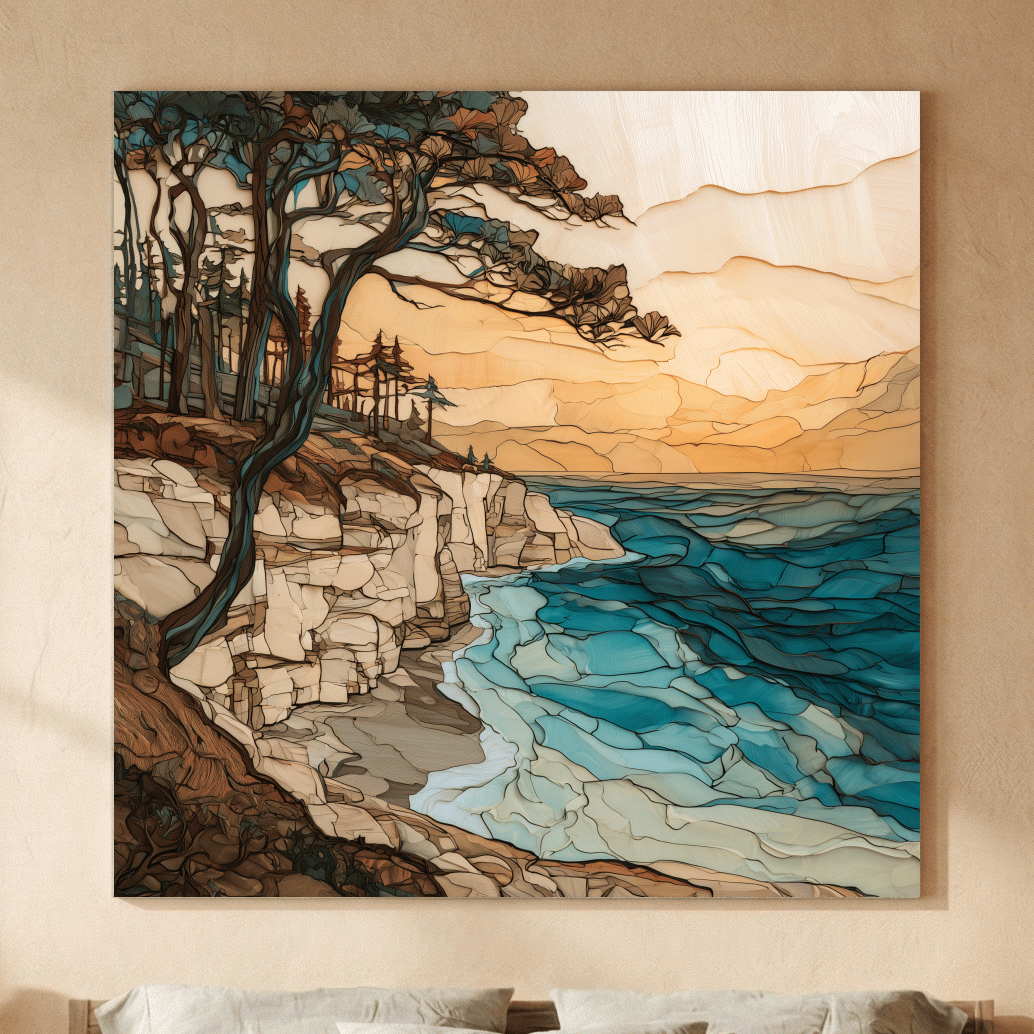 Abstract Coastal Cliffs And Windswept Trees - Ocean Illustration Wall Art