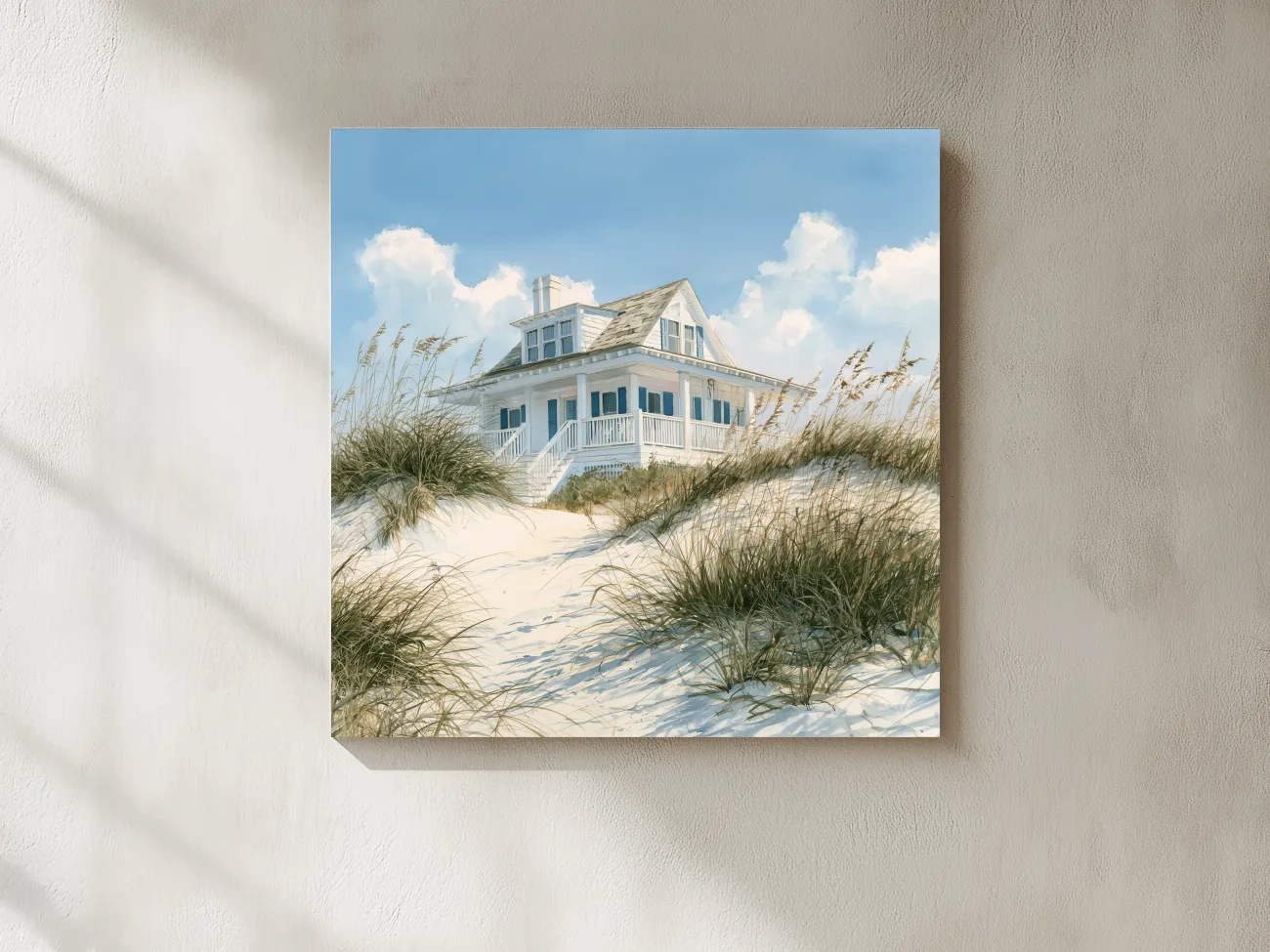 Serene Beach Cottage Painting - Coastal Dune House Wall Art