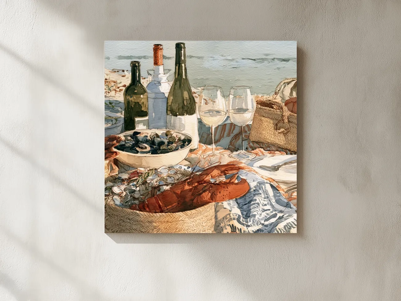 Watercolor Lobster Wine Picnic - Coastal Still Life Wall Art