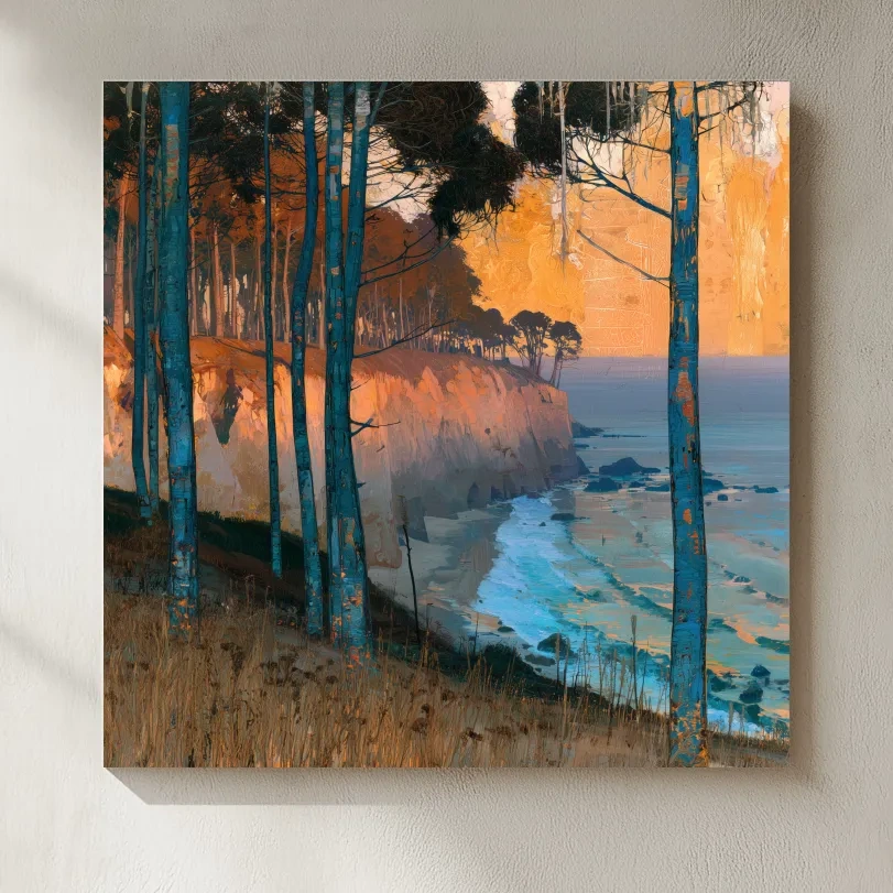 Abstract Coastal Cliffs And Pine Trees - Golden Sunset Illustration Wall Art