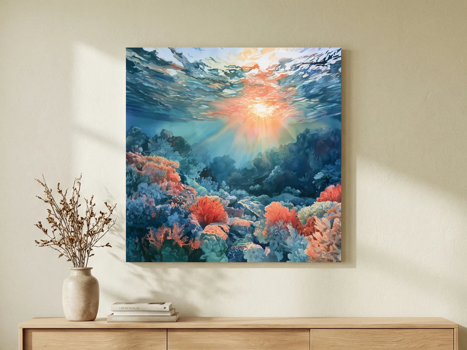 Sunlit Coral Reef Seascape Painting - Vibrant Underwater Wall Art