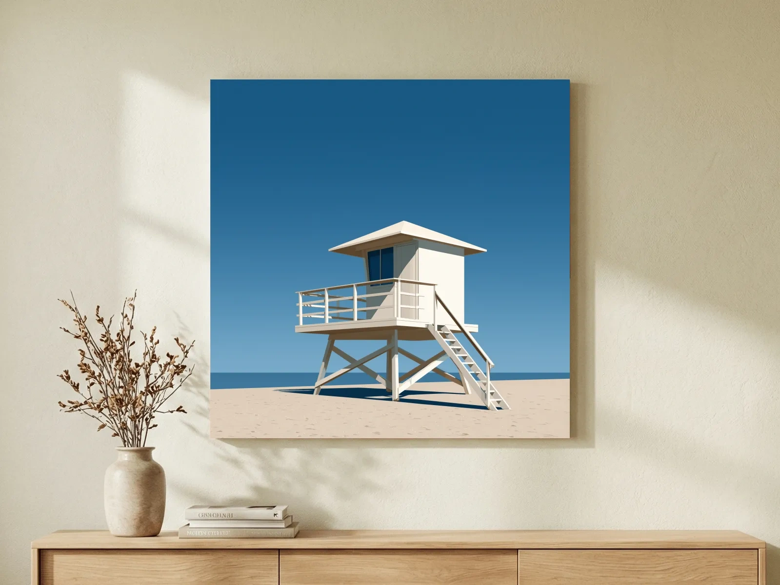 Mid-Century Beach Lifeguard Tower - Minimalist Vector Wall Art