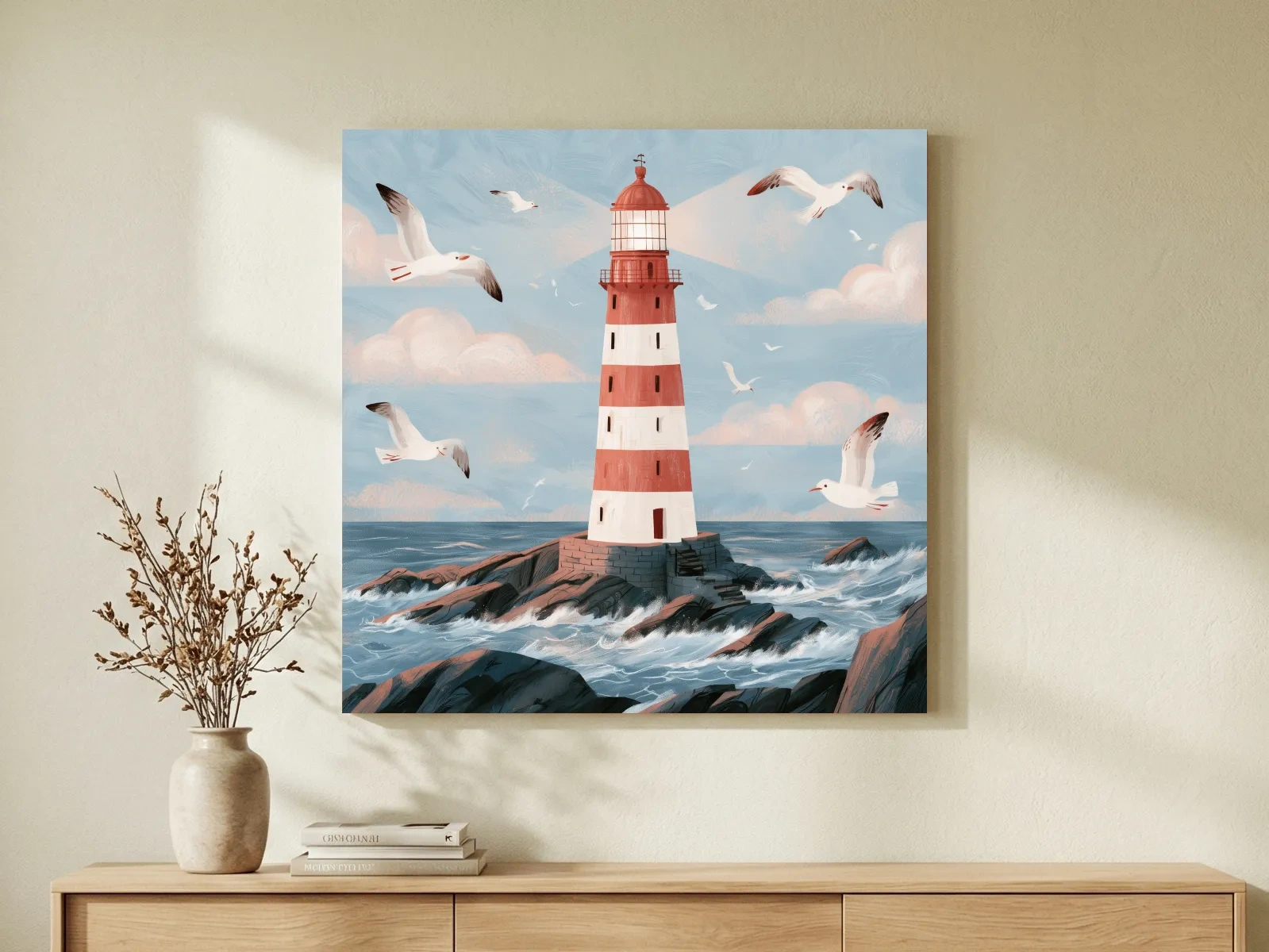 Whimsical Scandi Lighthouse Seagull Painting - Coastal Wall Art