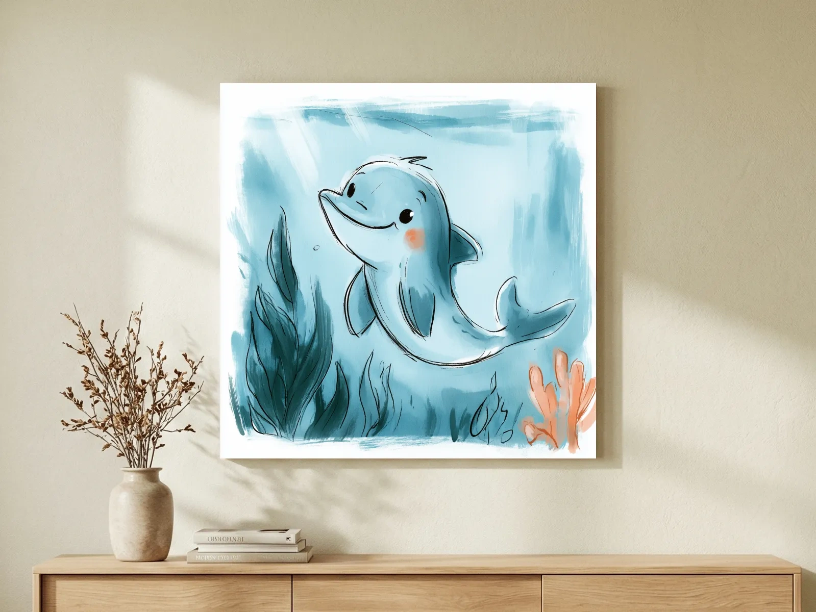 Cute Underwater Dolphin Watercolour Illustration - Nursery Marine Life Wall Art