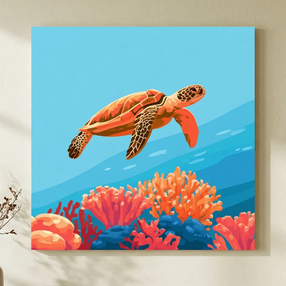 Mid-Century Sea Turtle Reef - Minimalist Vector Marine Life Art