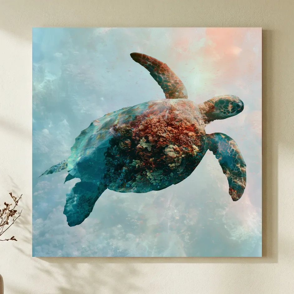 Surreal Sea Turtle Reef Double Exposure - Photographic Marine Life Wall Art