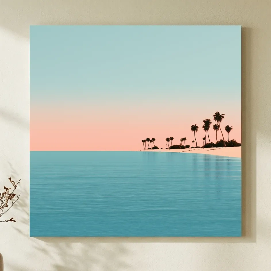 Minimalist Palm Tree Beachscape - Mid-Century Vector Wall Art