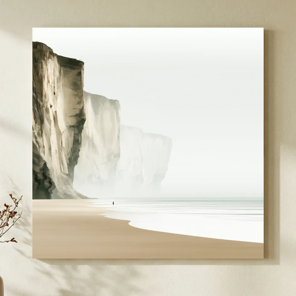 Misty Coastal Cliffs Beach Illustration - Minimalist Landscape Wall Art