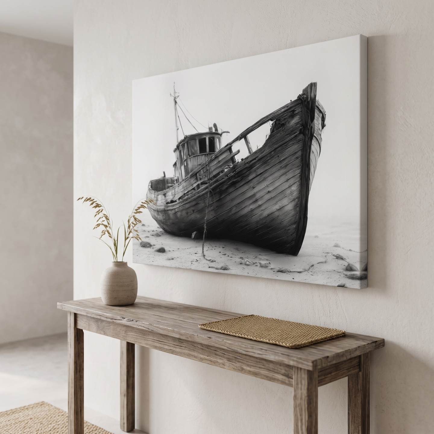 Mockup: Weathered Fishing Boat Drawing - Monochrome Nautical Wall Art