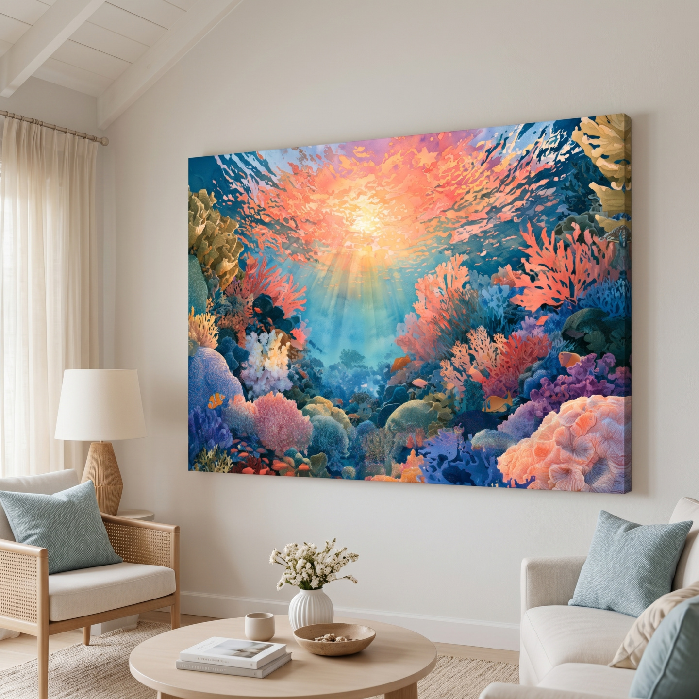 Mockup: Vibrant Coral Reef Painting - Underwater Wall Art