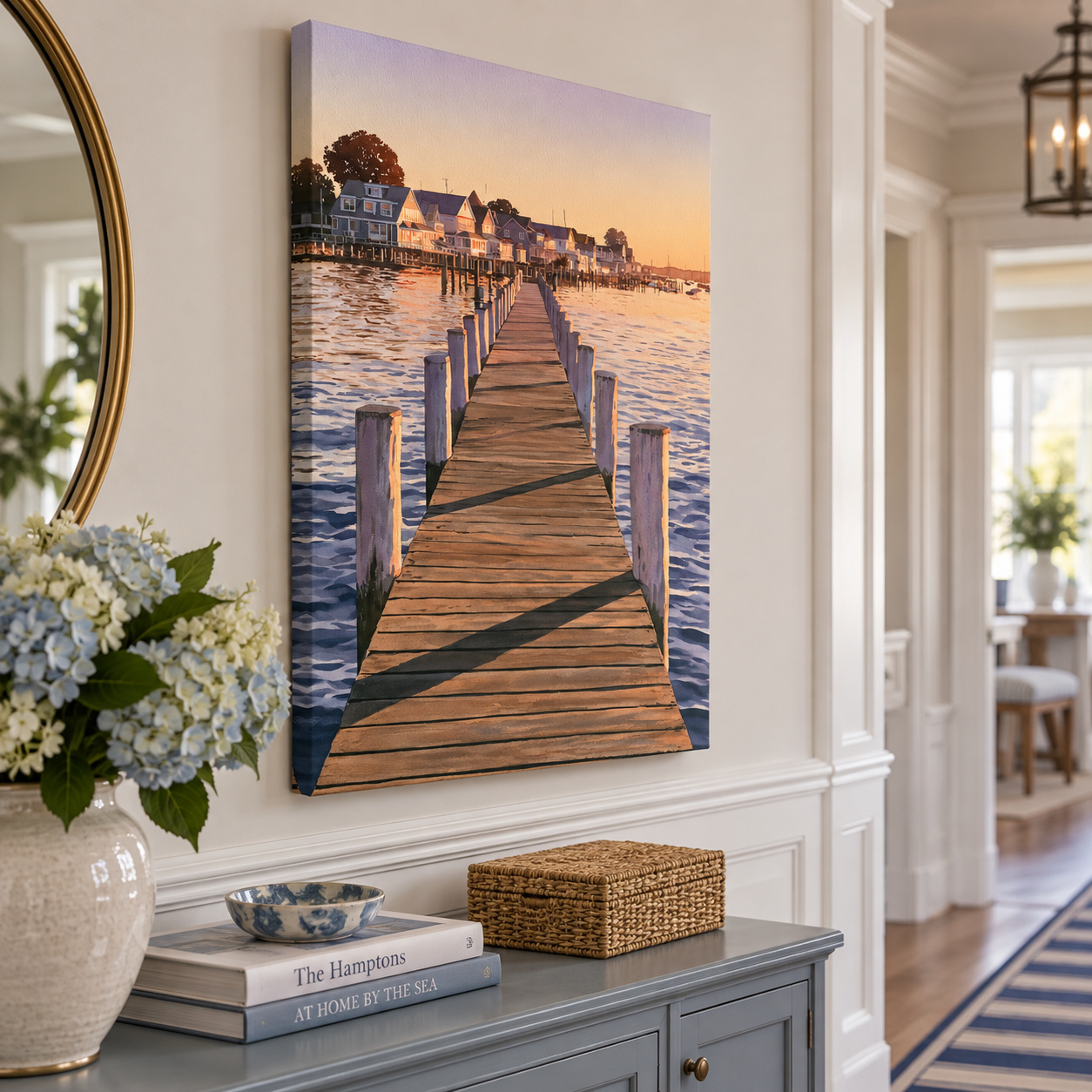 Mockup: Golden Sunset Pier Village - Serene Nautical Waterfront Wall Art