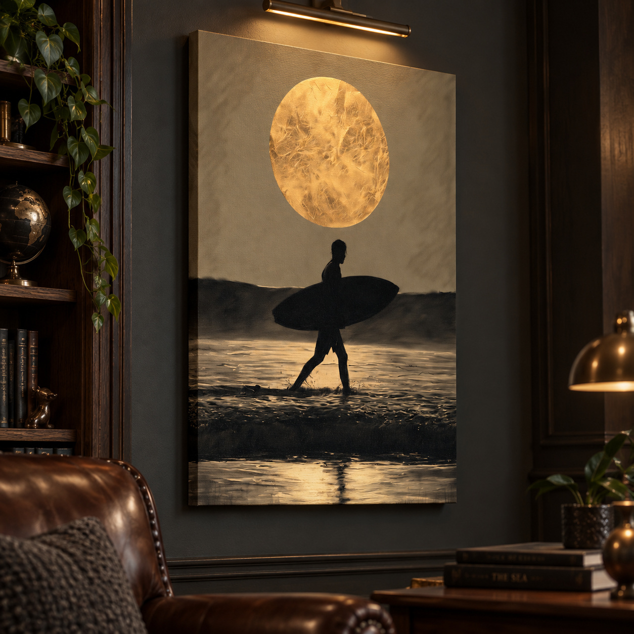 Mockup: Moonlit Surfer Silhouette Drawing - Dramatic Beach Wall Art