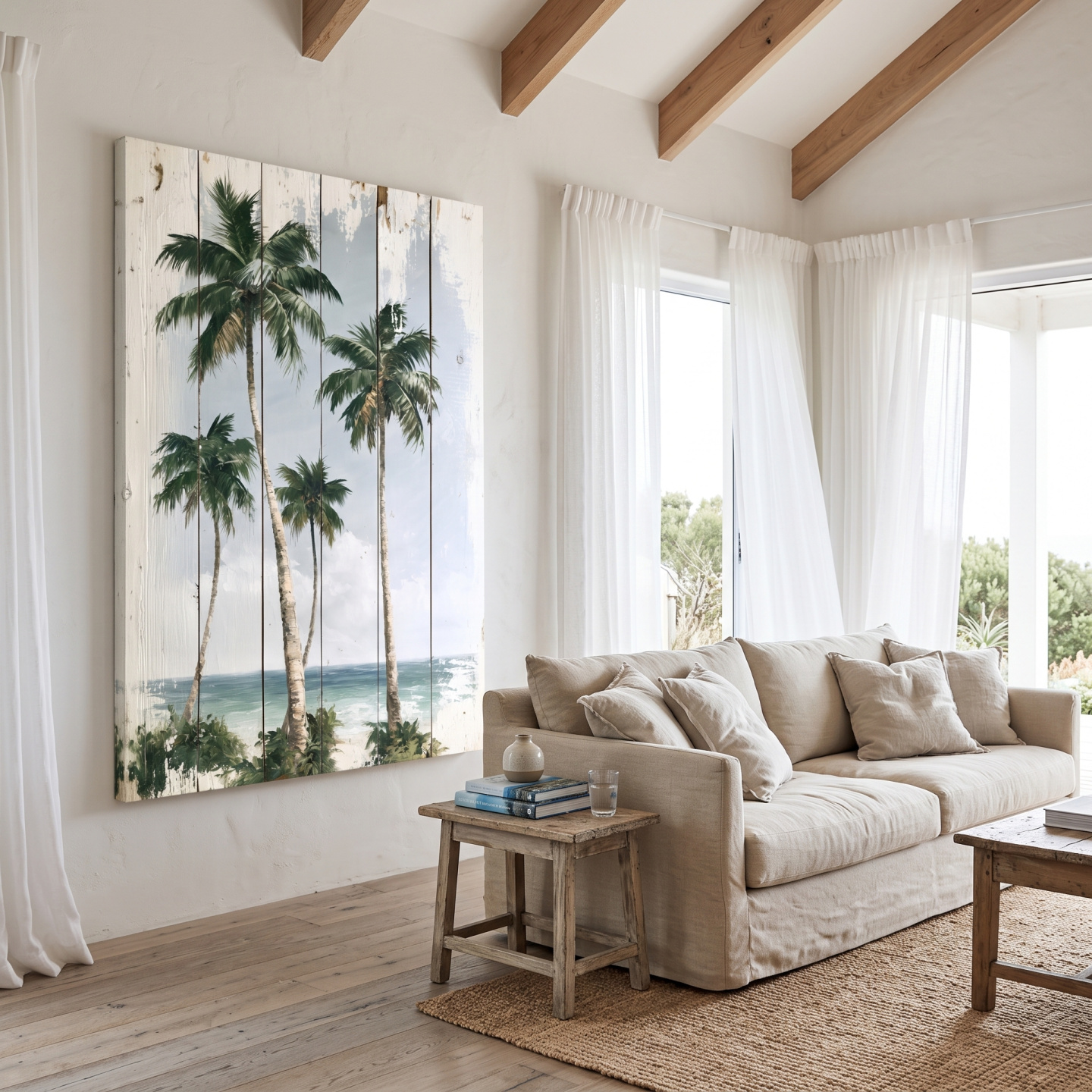 Mockup: Tropical Palm Trees Beach Painting - Rustic Reclaimed Wood Effect Wall Art