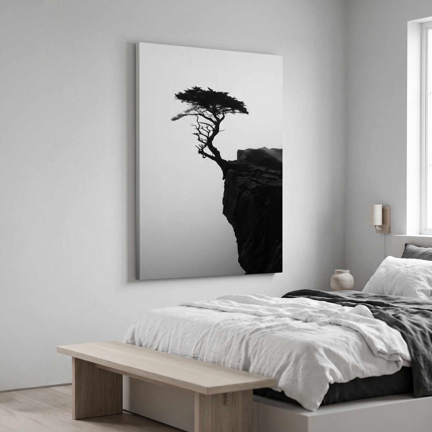 Mockup: Misty Cypress Silhouette Cliff - Minimalist Photographic Wall Art