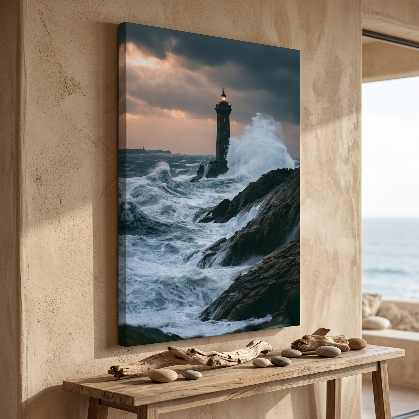 Mockup: Misty Lighthouse Storm Waves - Dramatic Photographic Seascape Wall Art