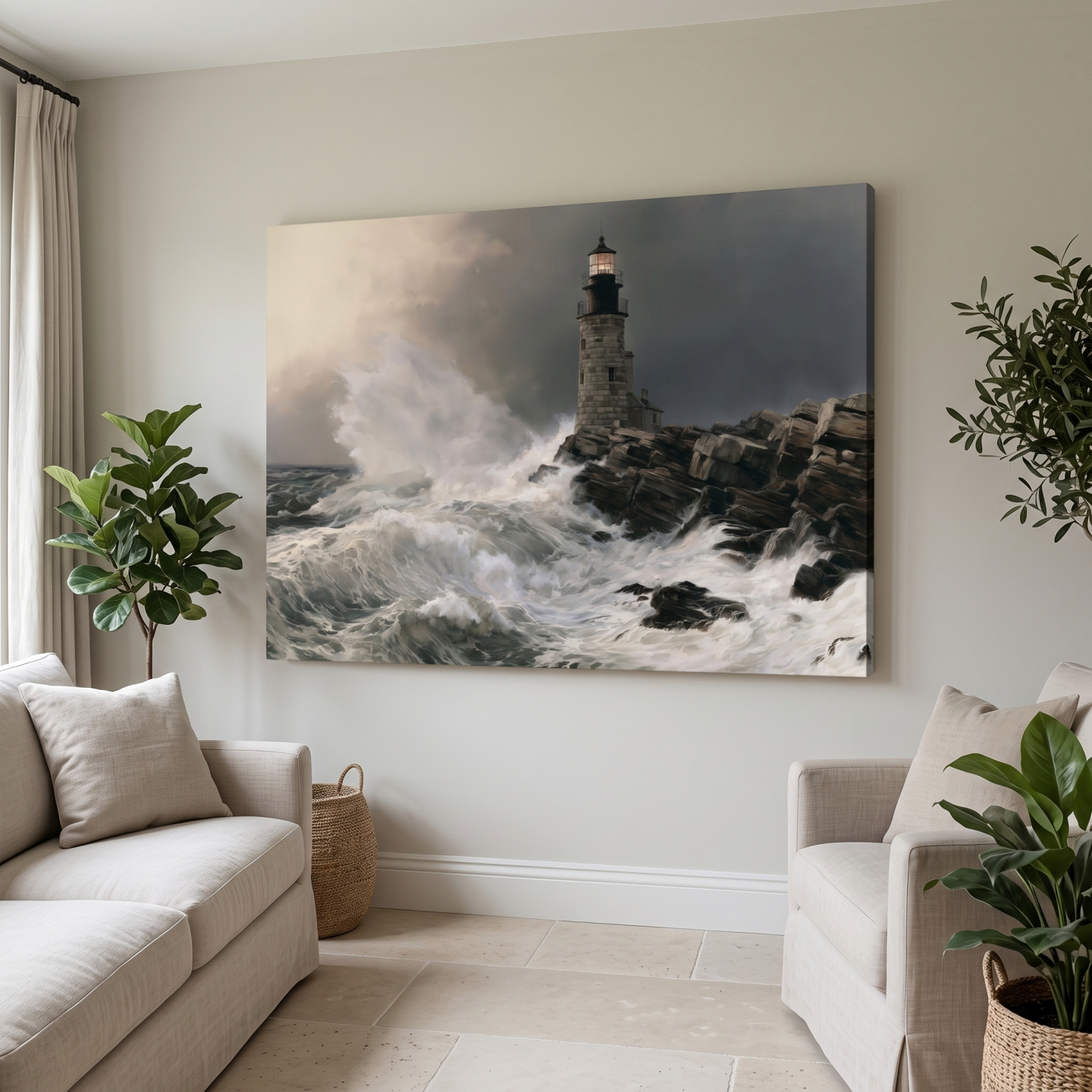 Mockup: Stormy Lighthouse Seascape Painting - Dramatic Waves Wall Art