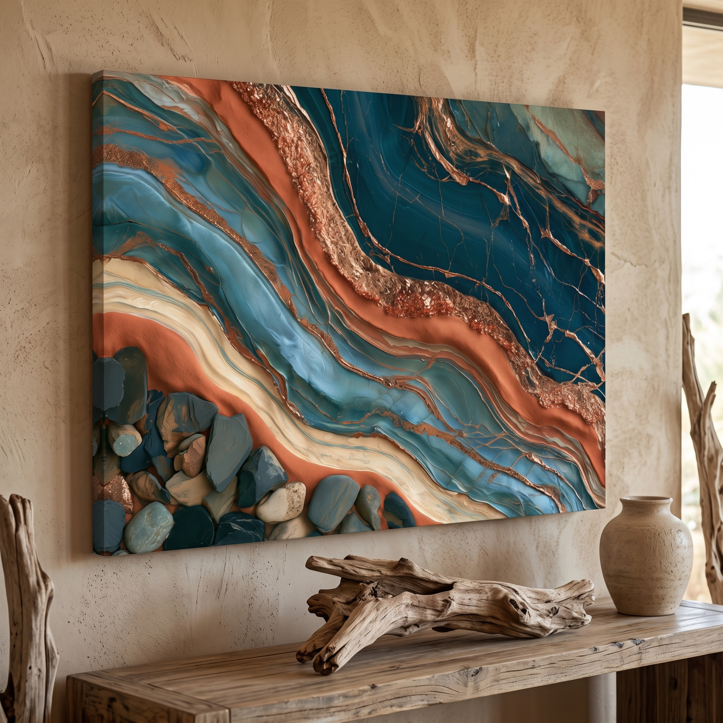 Mockup: Abstract Rock Strata Wavy Layers - Natural Mixed Media Wall Art