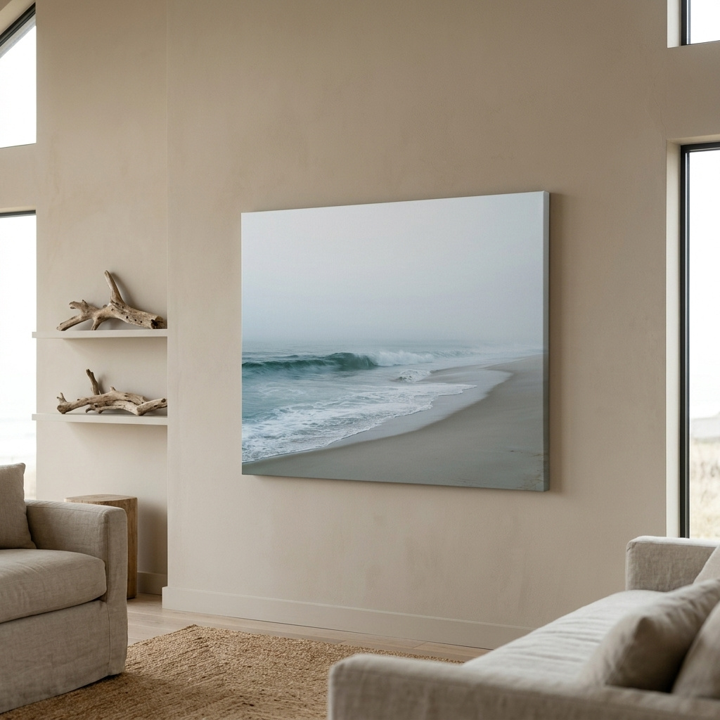 Mockup: Misty Beach Waves - Minimalist Photographic Wall Art