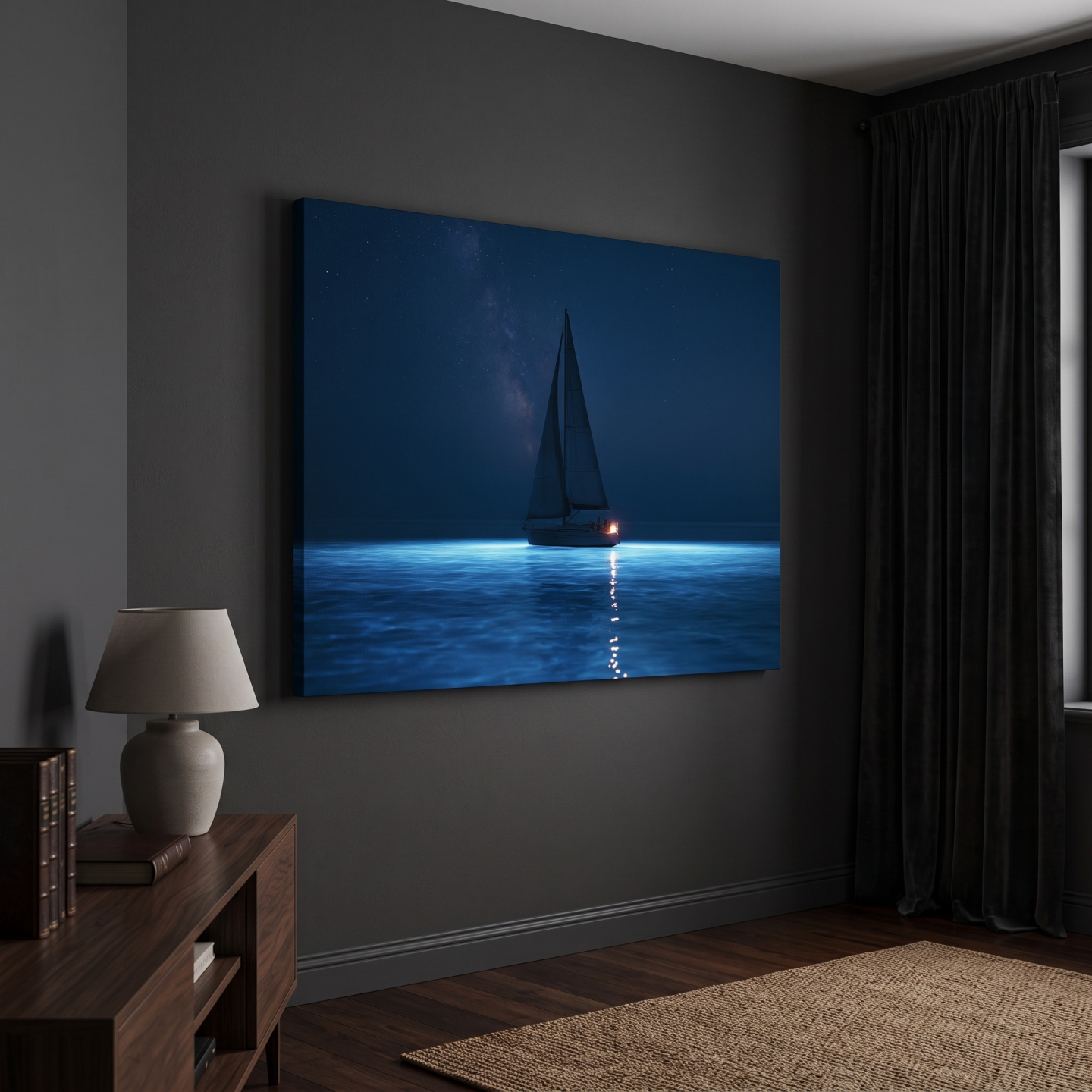 Mockup: Moonlit Sailboat Silhouette - Surreal Photographic Ocean Wall Art