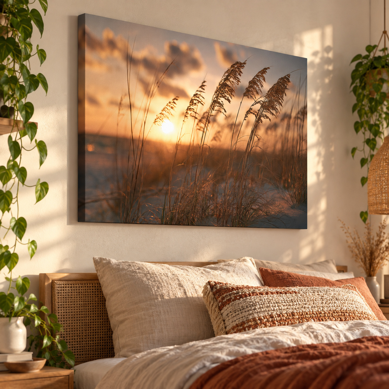 Mockup: Boho Sea Oats at Golden Sunset - Coastal Photographic Wall Art