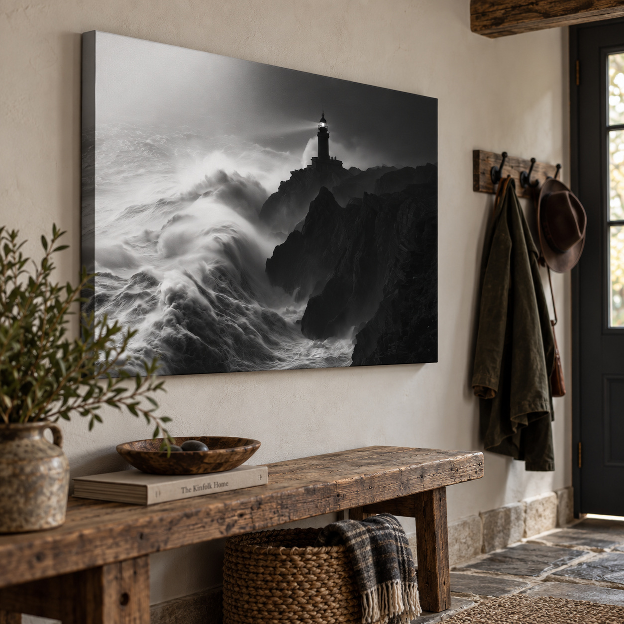 Mockup: Misty Lighthouse Storm Waves - Black And White Photographic Wall Art