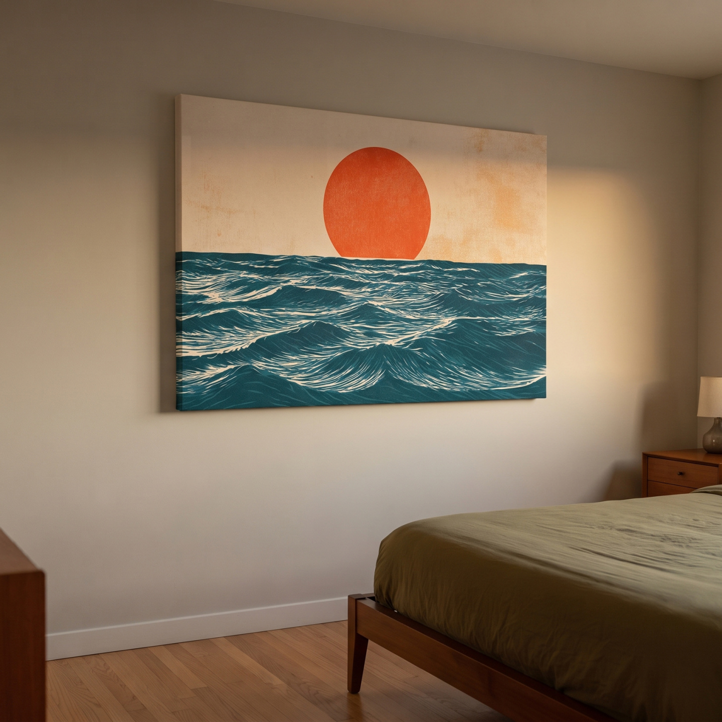 Mockup: Mid-Century Ocean Sunrise Illustration - Minimalist Wave Wall Art