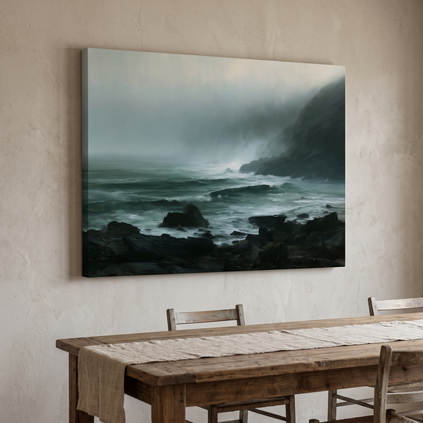 Mockup: Misty Rocky Coastline Painting - Dramatic Foggy Seascape Wall Art
