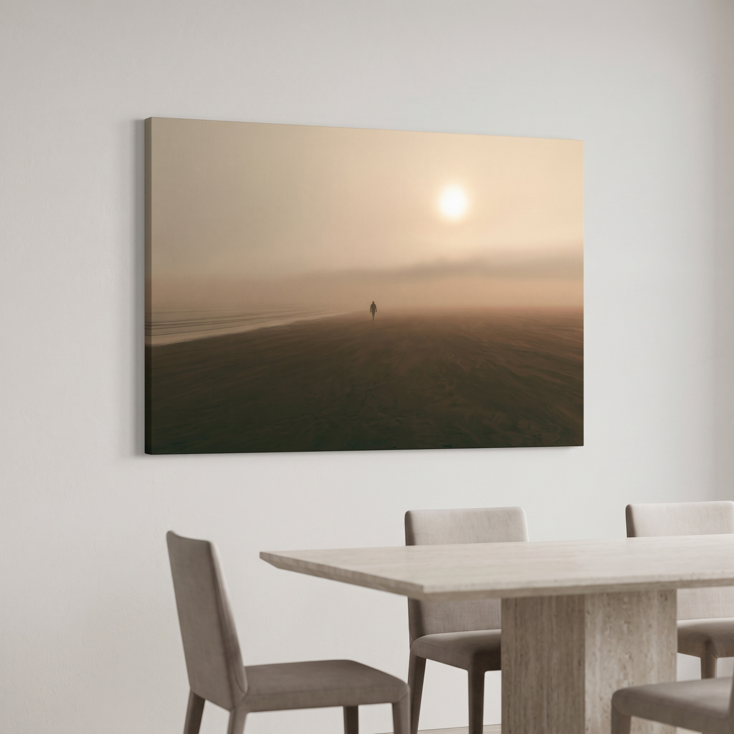 Mockup: Misty Solitary Beach Walker - Minimalist Photographic Wall Art