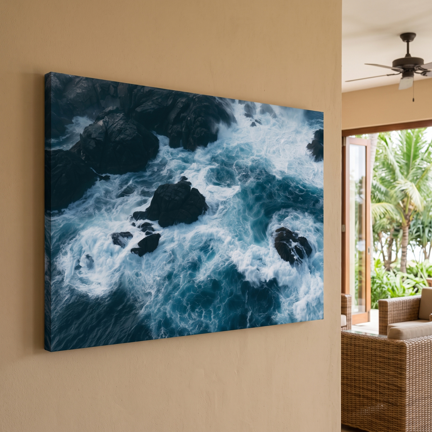 Mockup: Aerial Crashing Waves Over Rocky Coast - Dramatic Photographic Wall Art
