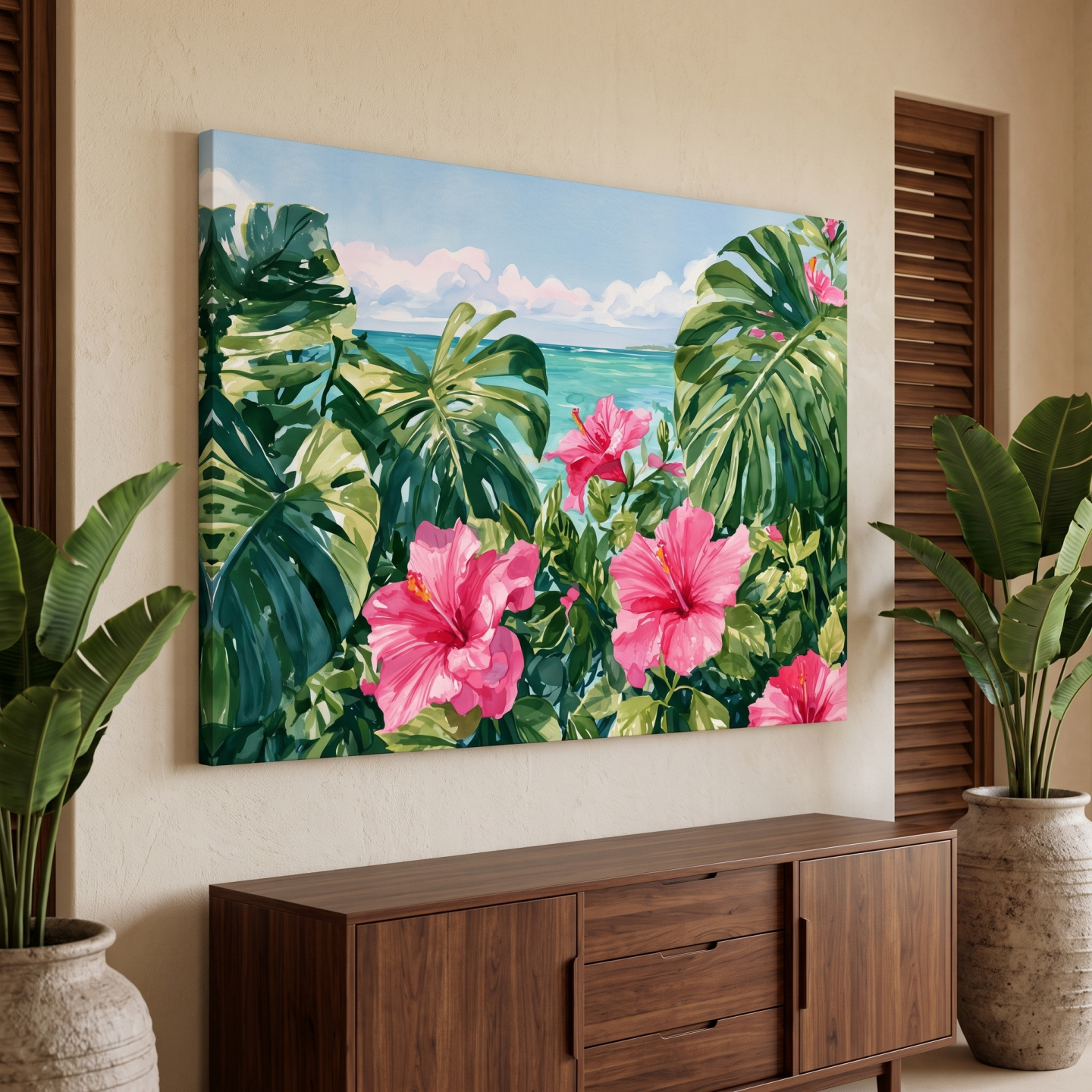 Mockup: Tropical Monstera Hibiscus Watercolour - Botanical Beach Wall Art