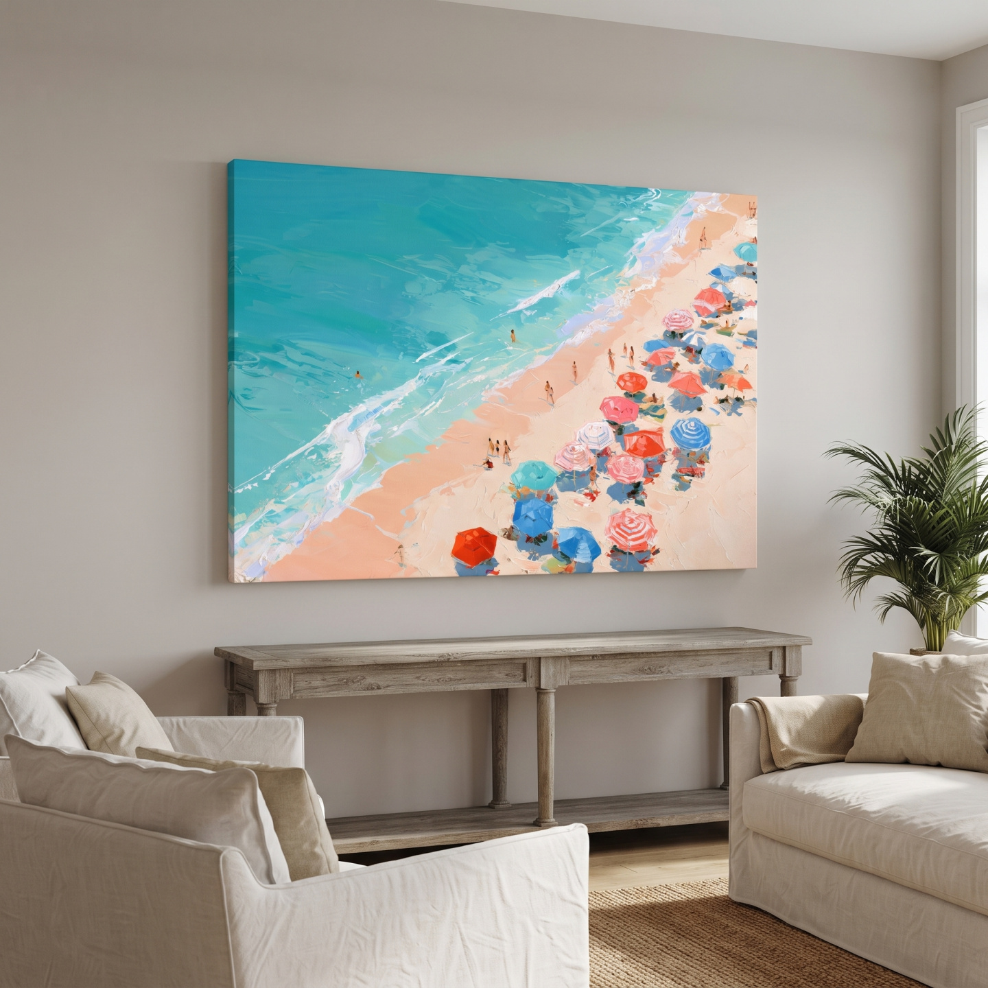 Mockup: Aerial Caribbean Beach Umbrellas - Lively Ocean Painting Wall Art