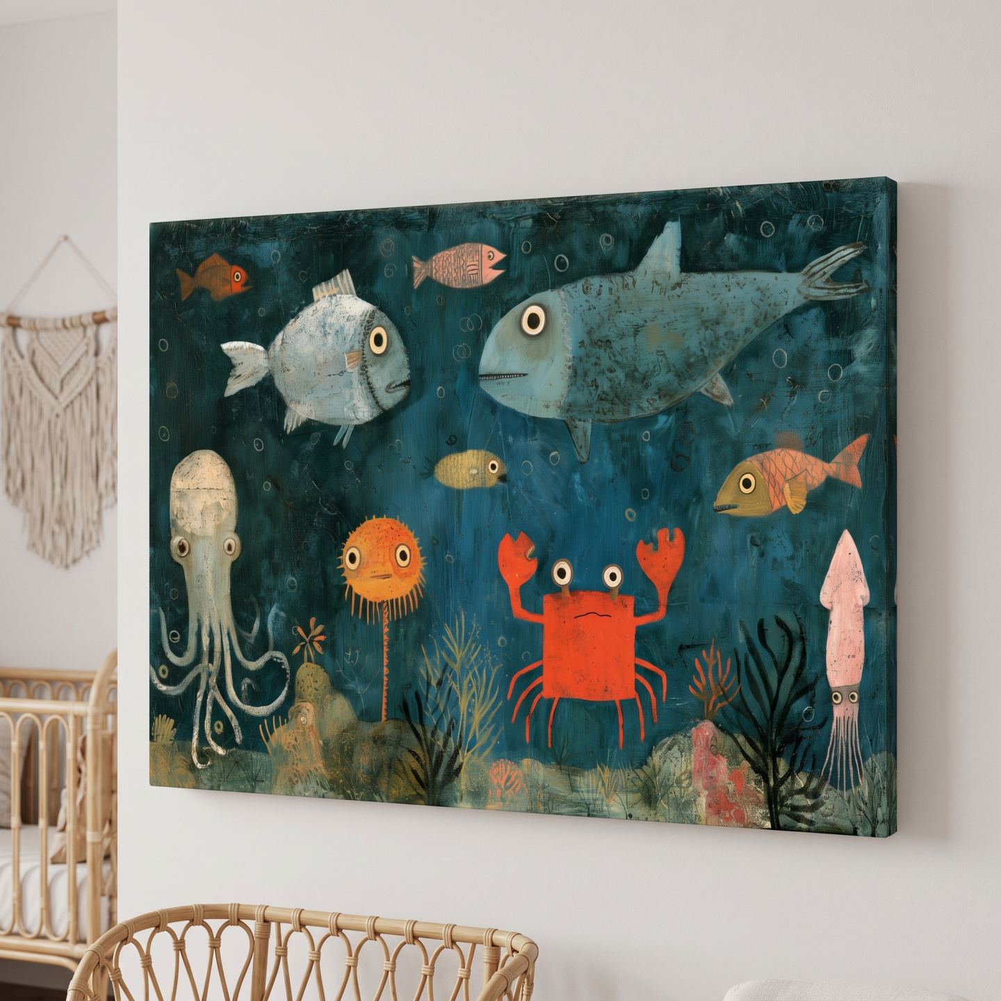 Mockup: Whimsical Folk Art Marine Life Painting - Underwater Nursery Wall Art