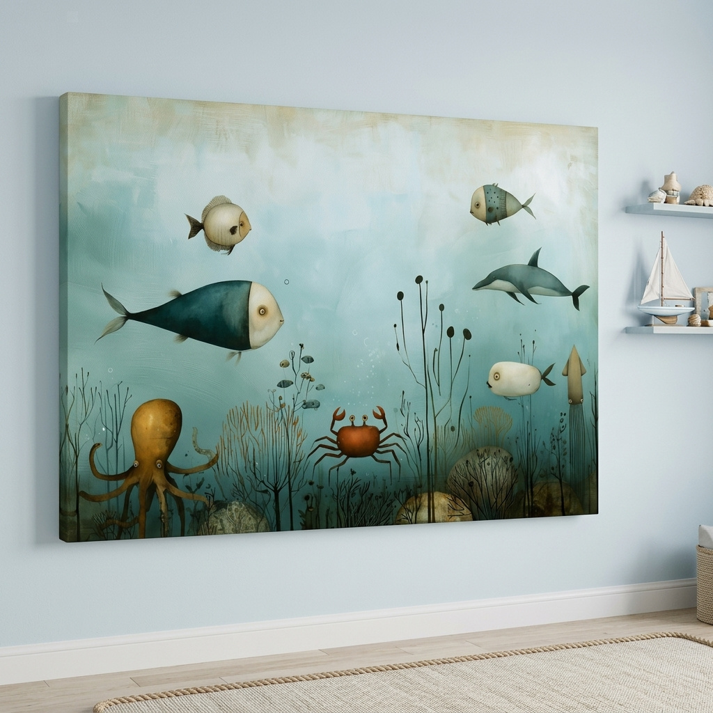 Mockup: Whimsical Underwater Marine Life Painting - Fish Dolphin Octopus Crab Wall Art