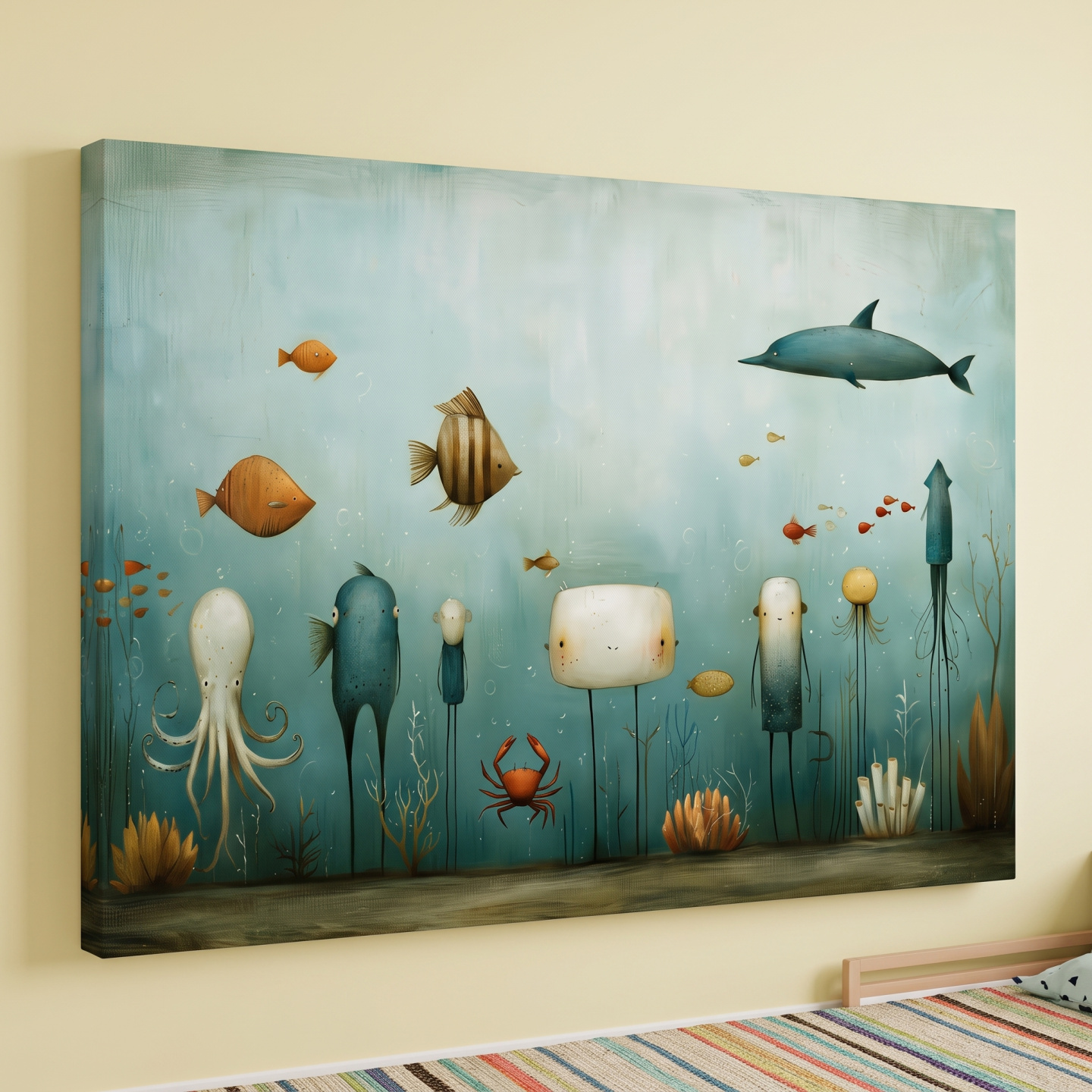 Mockup: Whimsical Underwater Marine Life Painting - Quirky Folk Art