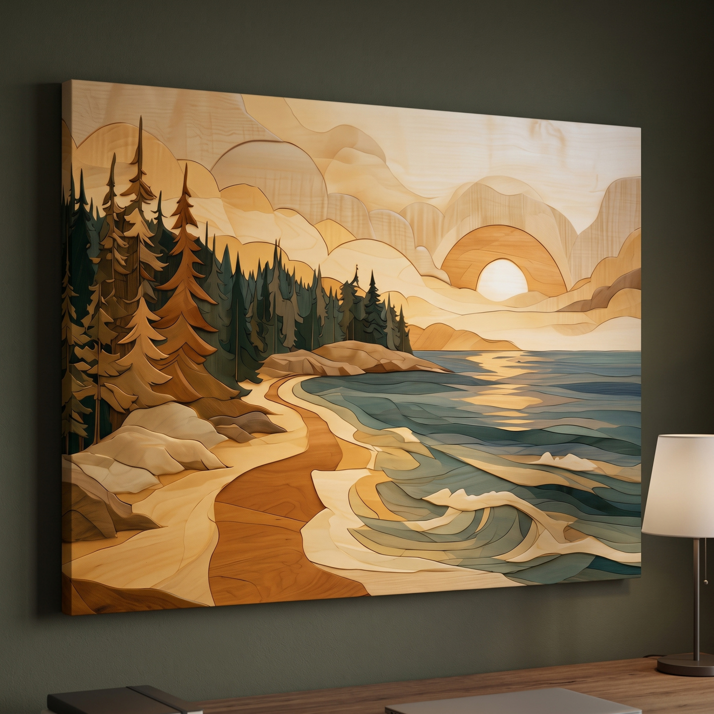 Mockup: Layered Coastal Sunset Forest - Wood Intarsia Seascape Wall Art