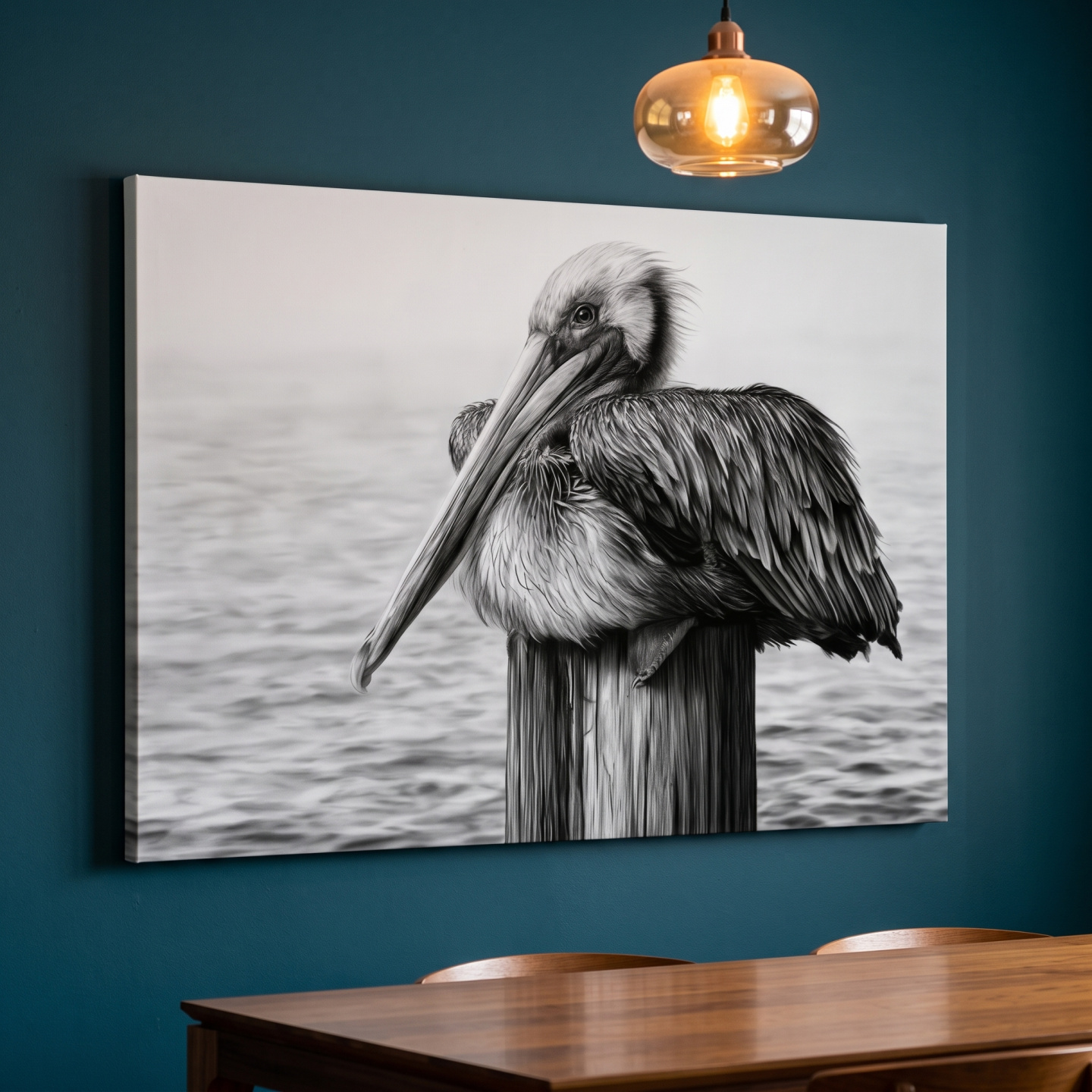 Mockup: Solitary Pelican Charcoal Drawing - Monochrome Marine Life Wall Art